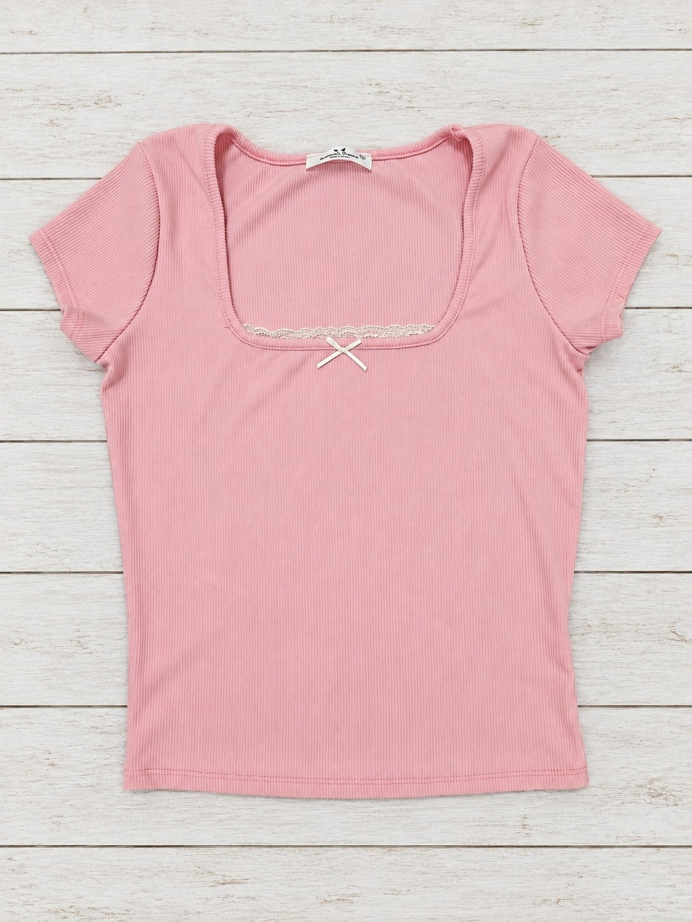 Pink Ribbed Scoop Neck Tee with Lace Trim
